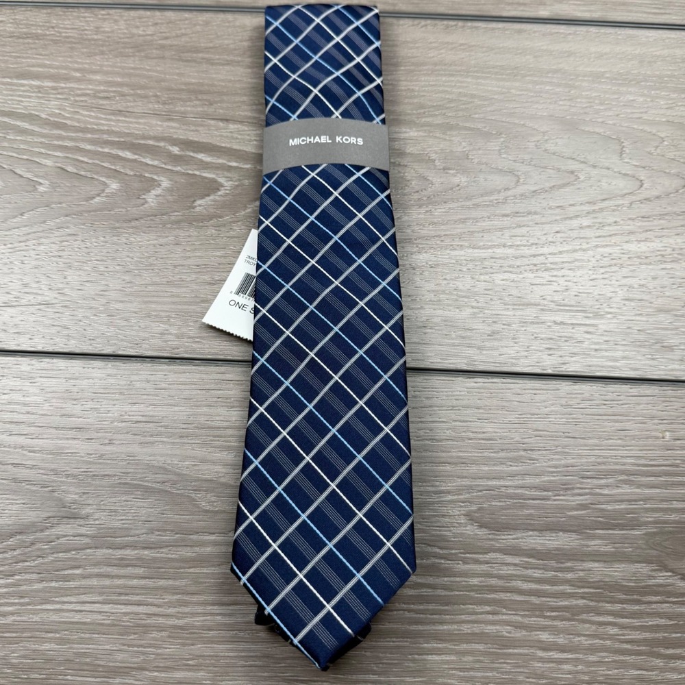 Michael‎ Kors Mens Tie Troy Grid Plaid Silk Blend Navy Blue One Size New